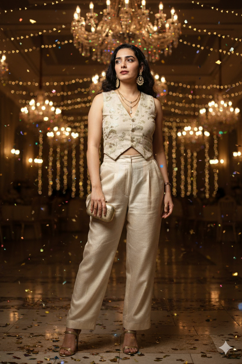 Embroidered Linen Blend Waistcoat- Beige