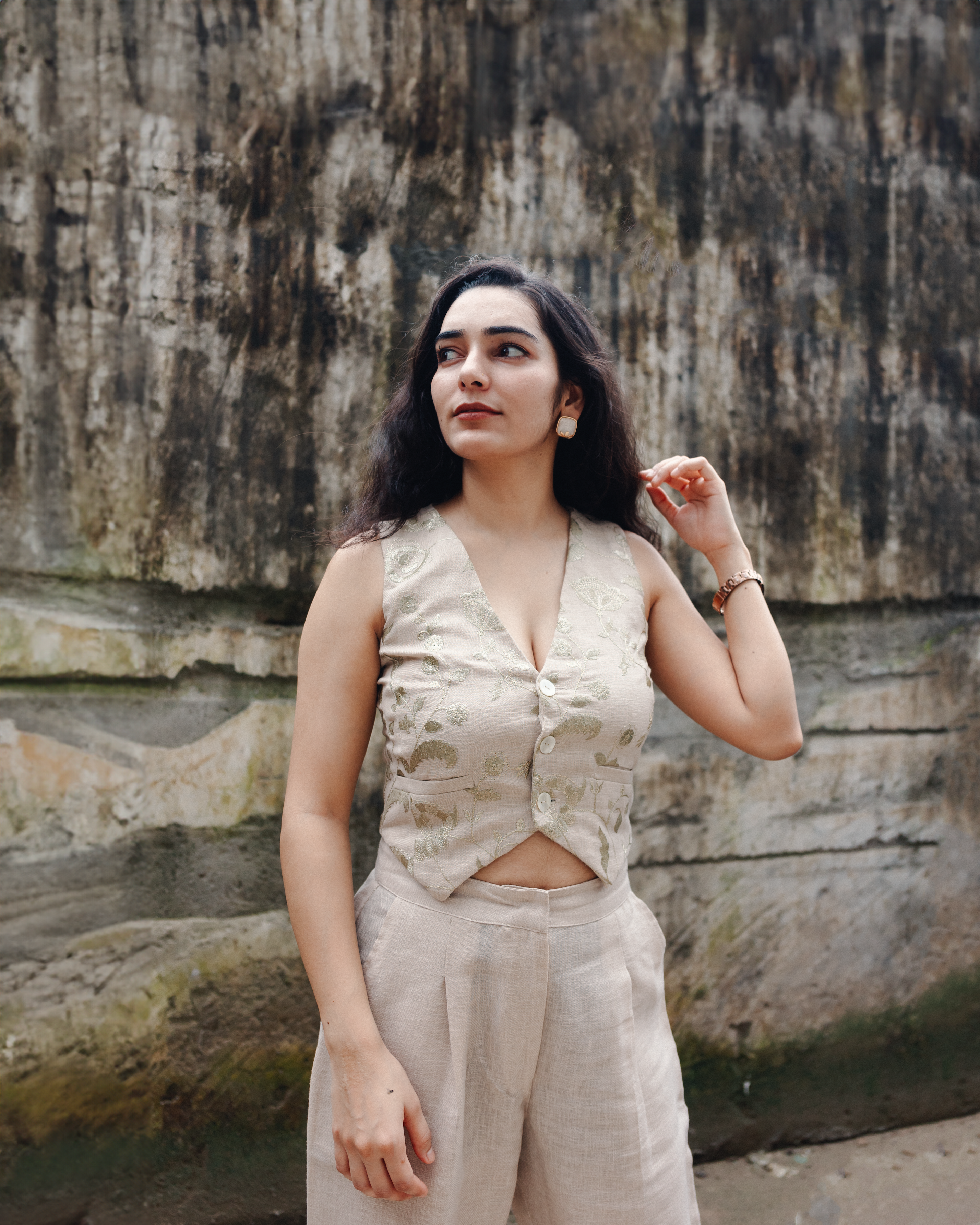 Embroidered Linen Blend Waistcoat- Beige