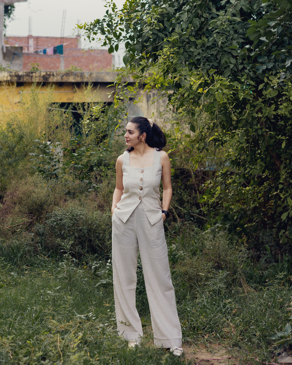 Classic Linen Blend Waistcoat- Ivory