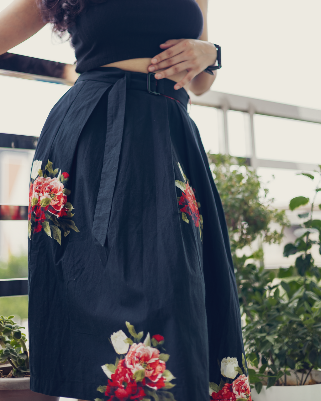 Floral High-Waisted Pleated Skirt