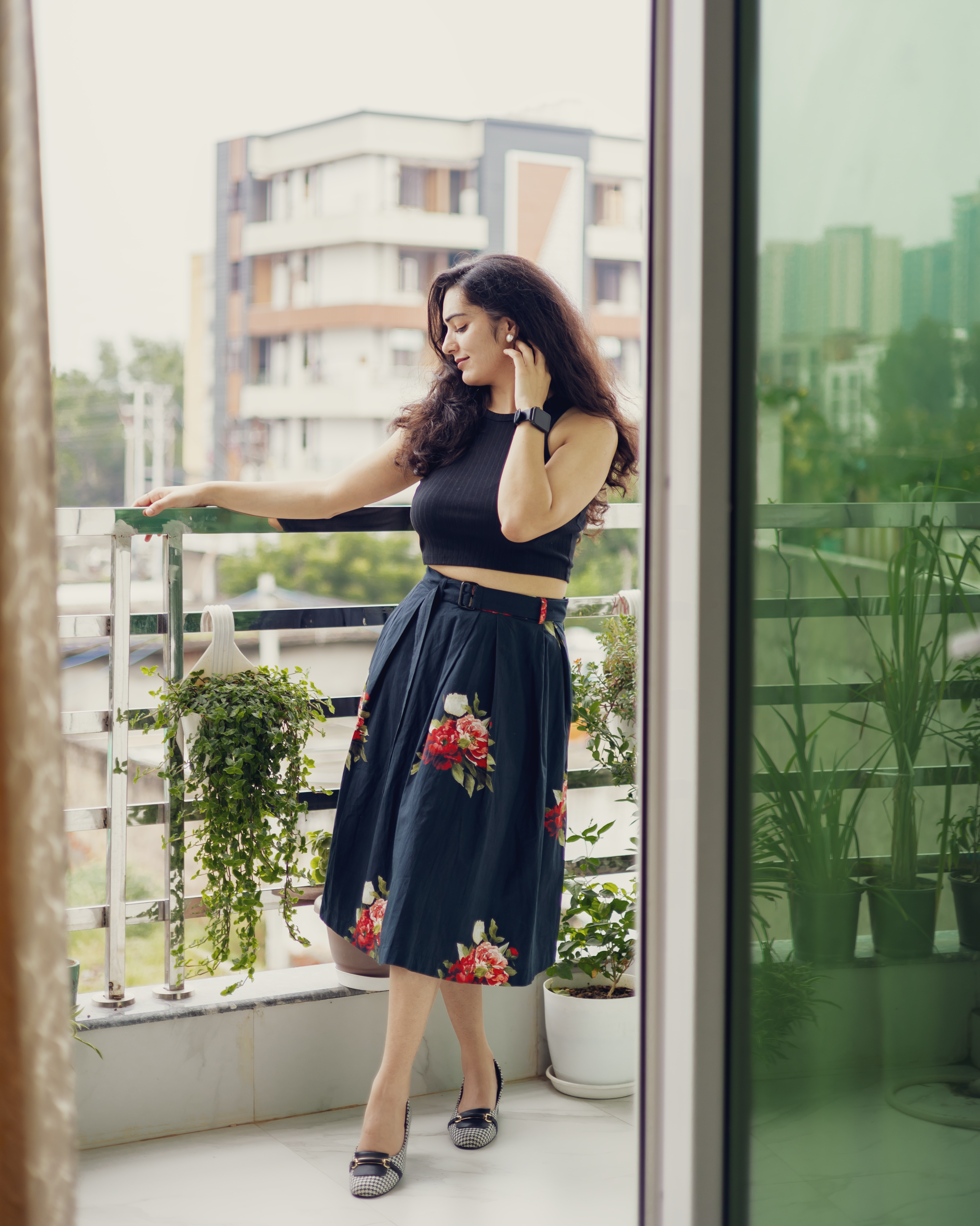 Floral High-Waisted Pleated Skirt