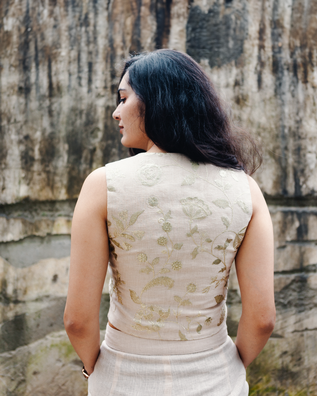 Embroidered Linen Blend Waistcoat- Beige