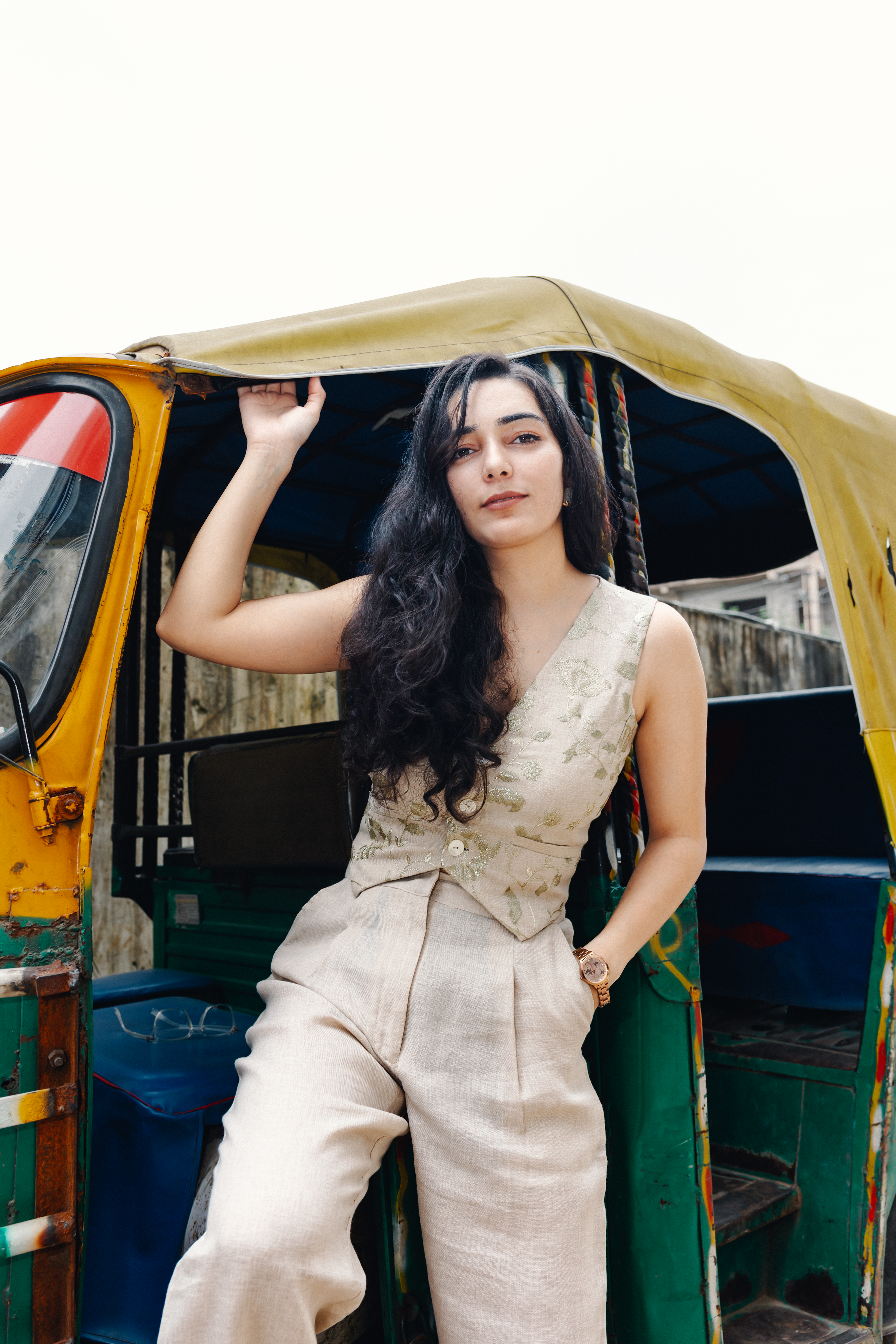 Embroidered Linen Blend Waistcoat- Beige