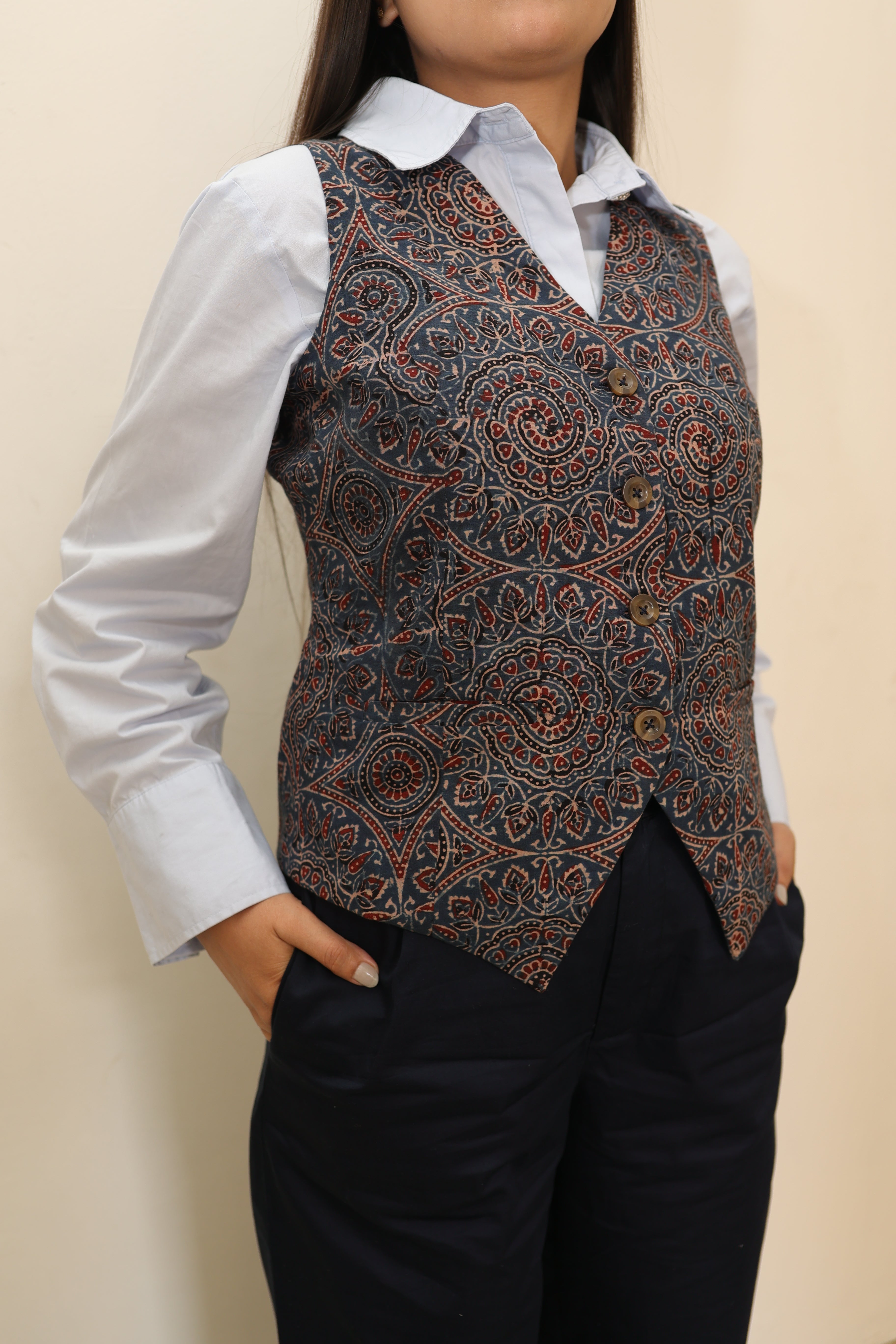 Handcrafted Ajrakh Printed Cotton Waistcoat
