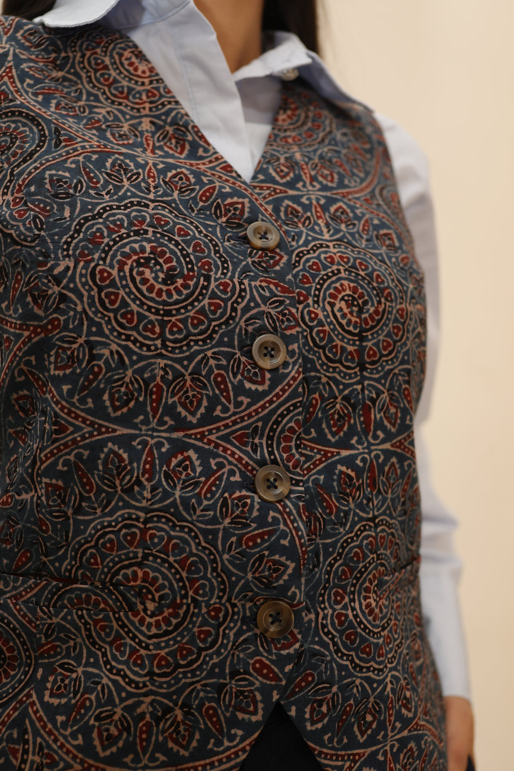 Handcrafted Ajrakh Printed Cotton Waistcoat