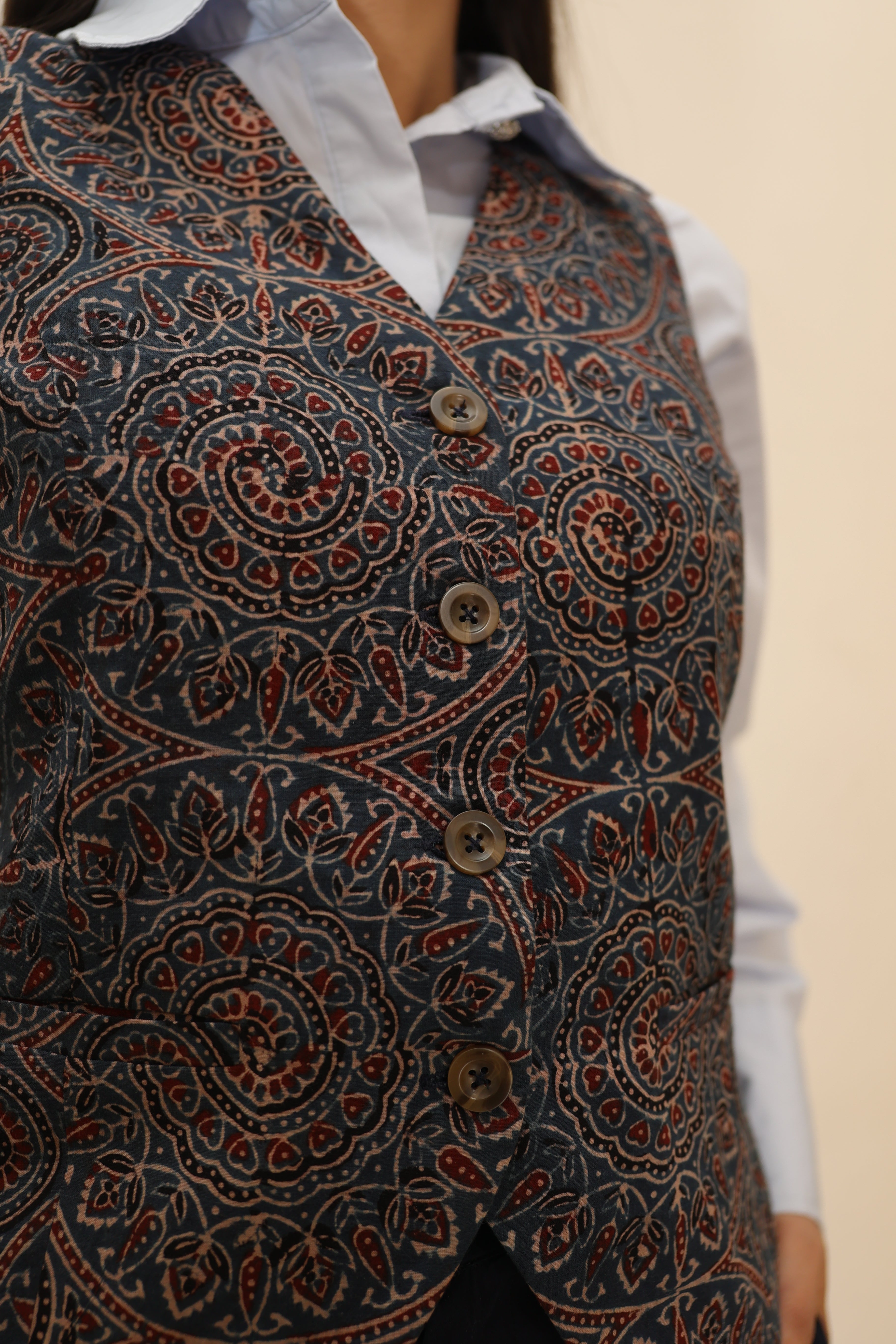 Handcrafted Ajrakh Printed Cotton Waistcoat